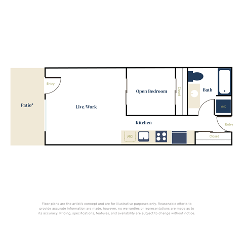 Floor plan for 1 bed, 1 bath, 654 sqft